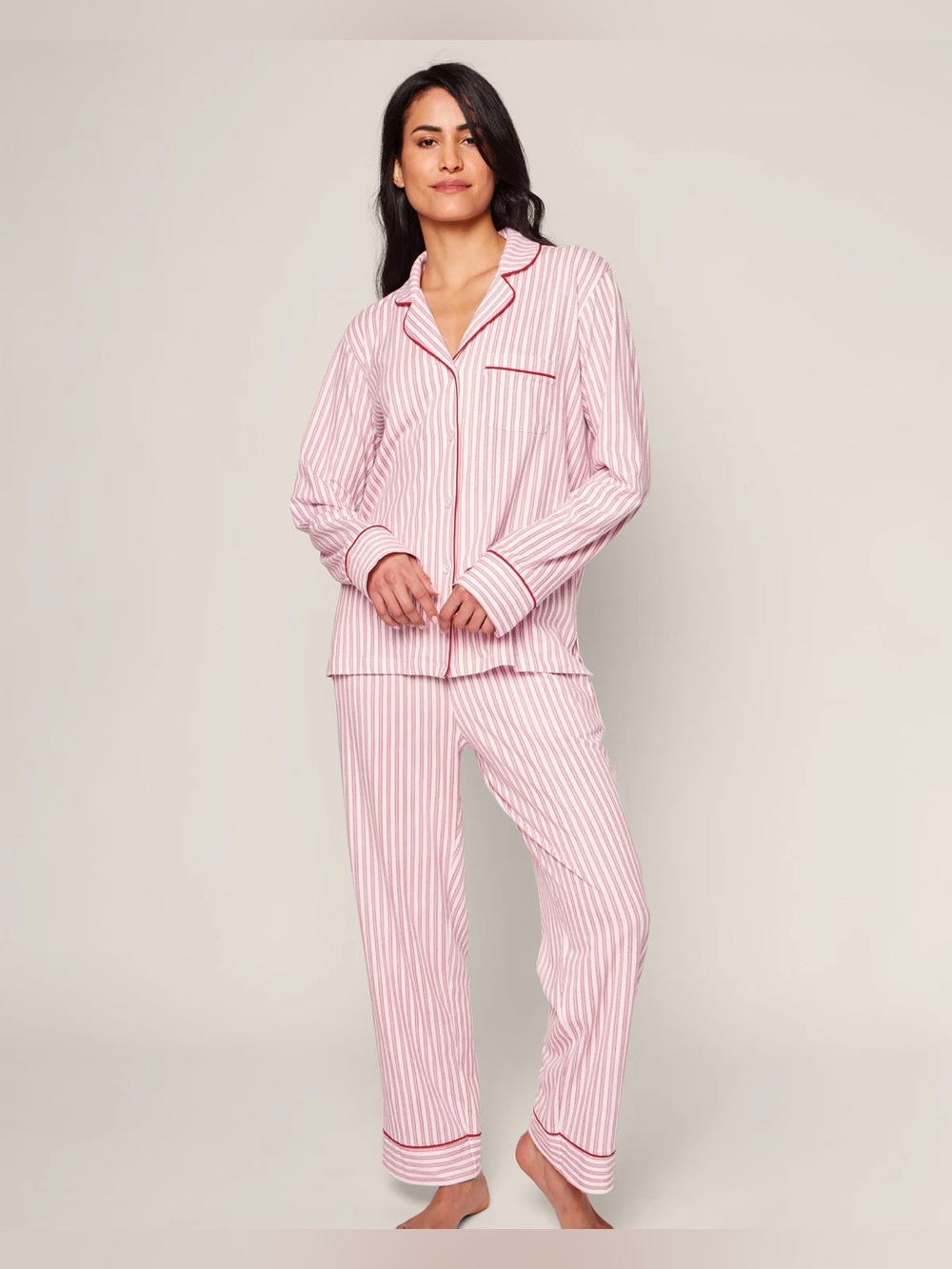 Petite Plume WOMEN’S PIMA PAJAMA SET IN ANTIQUE RED TICKING